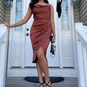 HTZMO Woman’s satin slip midi dress with cowl neck and asymmetrical hem